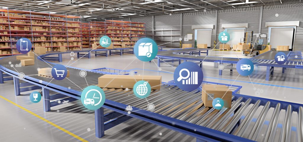 Logistic organization, warehouse with conveyor belts carrying packages, overlaid with logistics graphic
