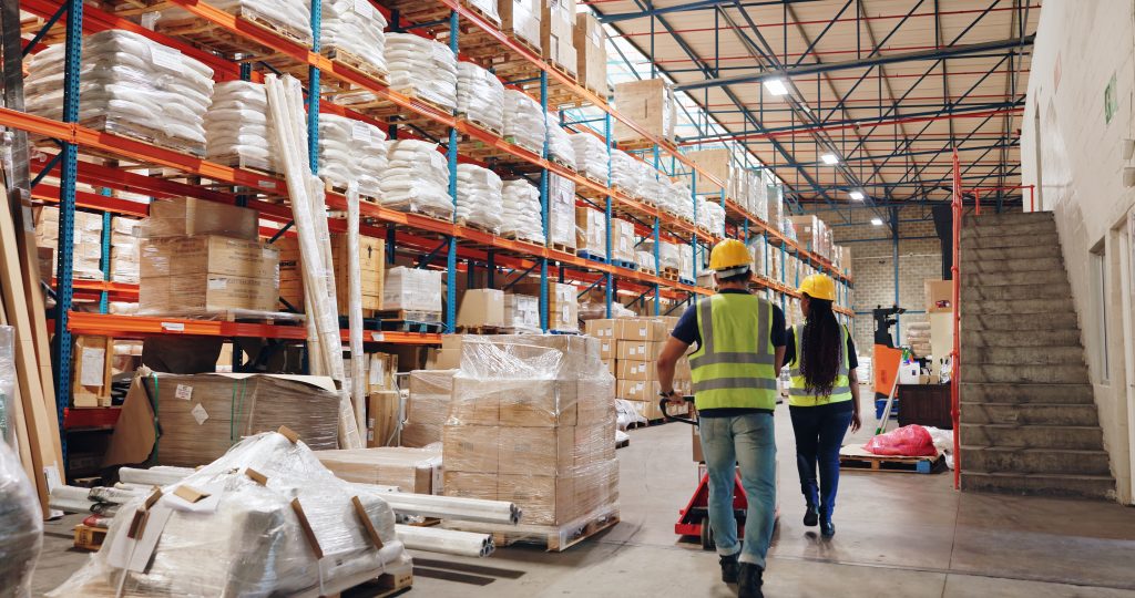 Workers in a packaging factory storage and warehouse